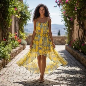 Alberto Makali Women's Dress Yellow Pattern High Low Maxi Dress, Size L